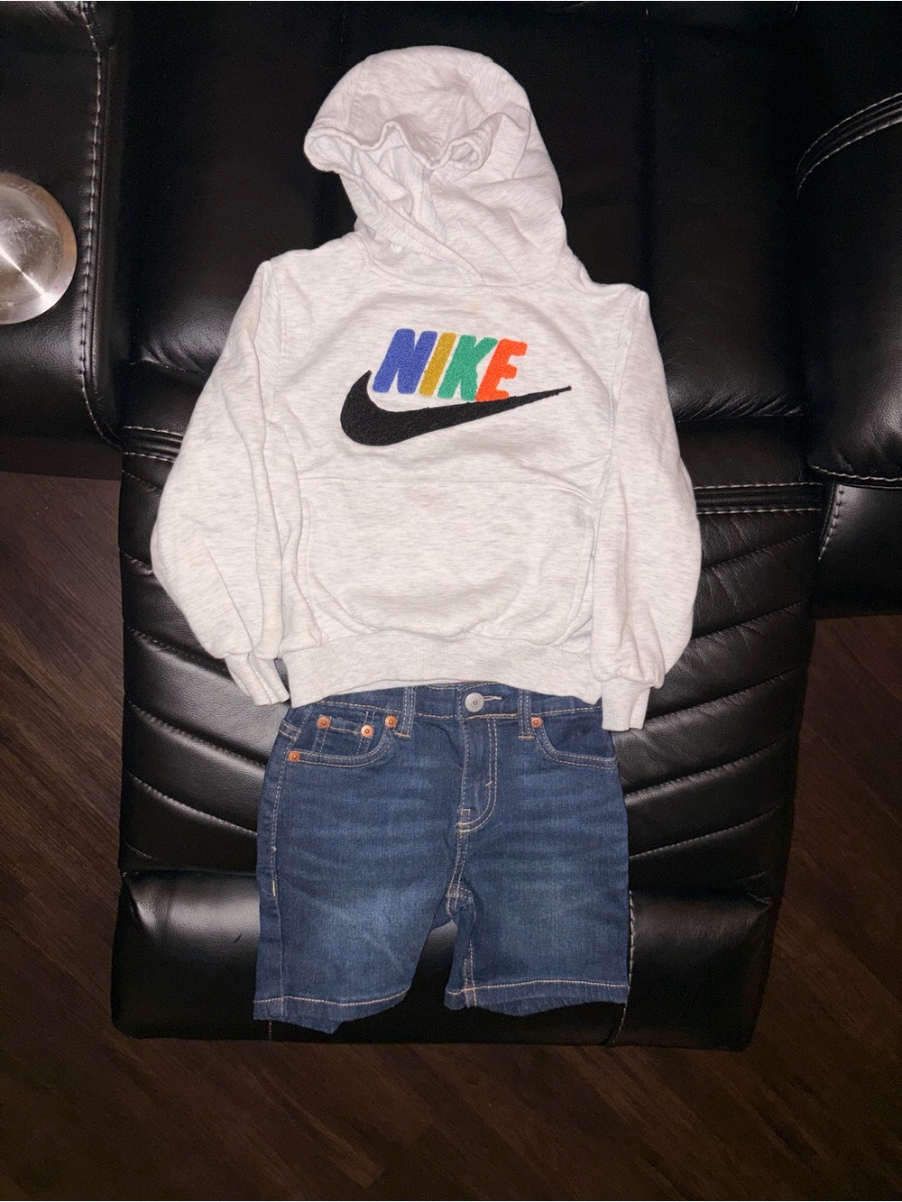 Nike Kids Light Gray Hoodie with Rainbow NIKE Logo and Black Swoosh